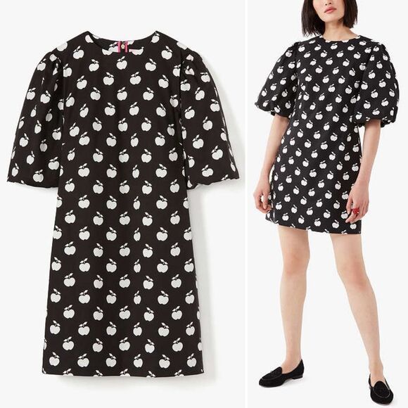 kate spade Dresses & Skirts - Kate Spade Apple Toss Taxi Dress Black White Puff Sleeve Mini Shift Size 00